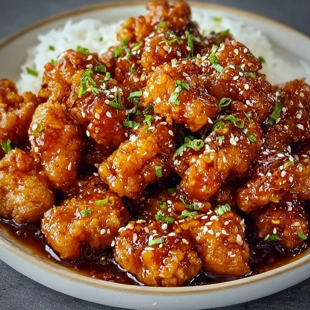 Delicious plate of crispy Chinese honey chicken with vibrant sauce and garnish