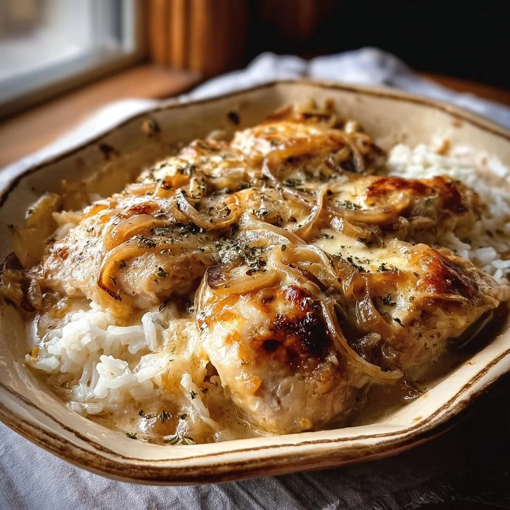 Delicious Crock-Pot French Onion Chicken served with melted cheese