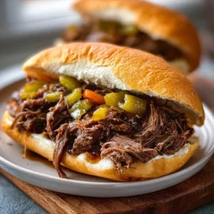 Crock-Pot Italian Beef Sandwiches served on a platter, garnished with herbs.
