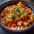 Delicious Crockpot Orange Chicken served with rice and vegetables