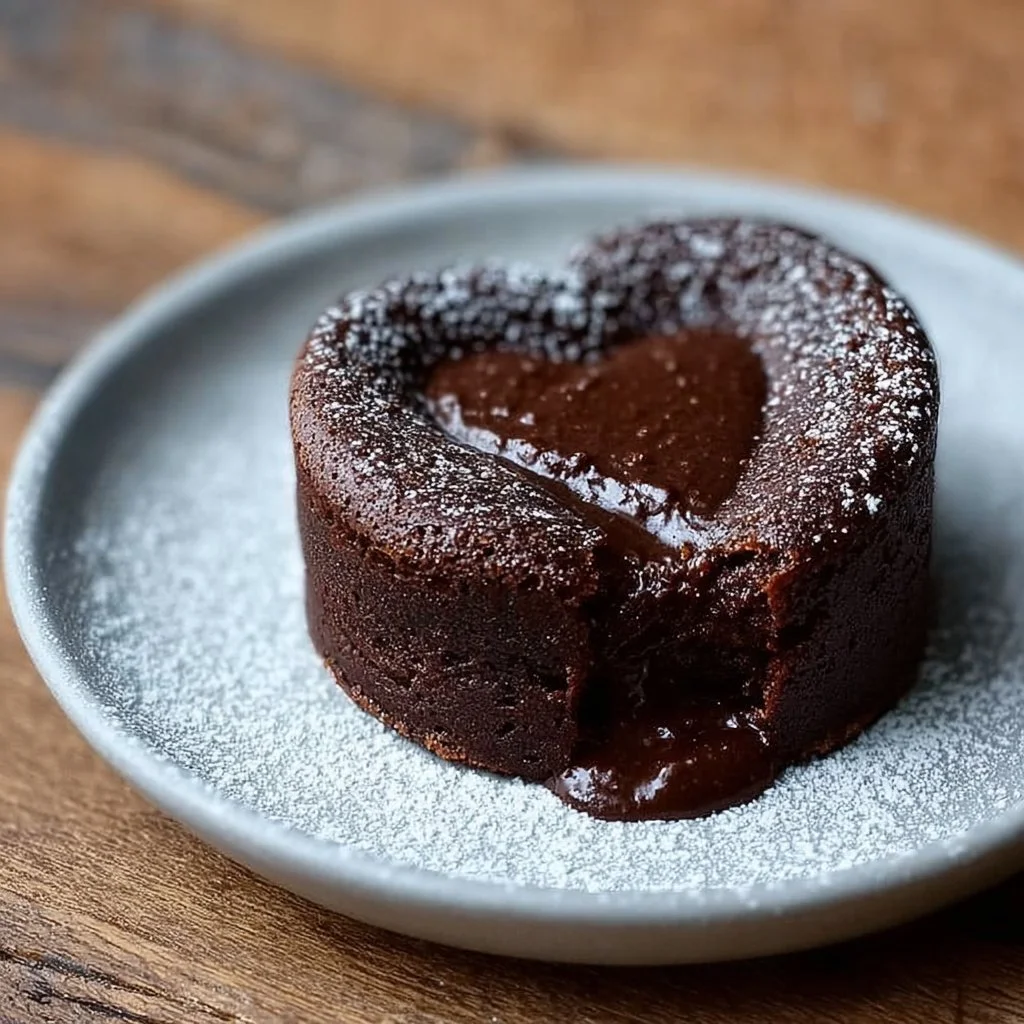 Delicious Dark Chocolate Molten Heart Cake with a gooey melted center