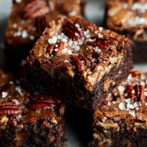 Decadent salted pecan pie brownies with a rich, gooey texture and a sprinkle of sea salt.