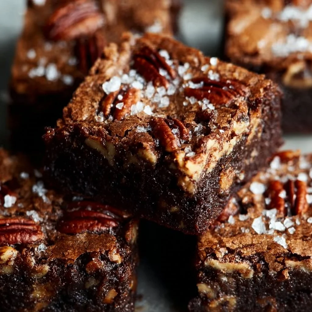 Decadent salted pecan pie brownies with a rich, gooey texture and a sprinkle of sea salt.