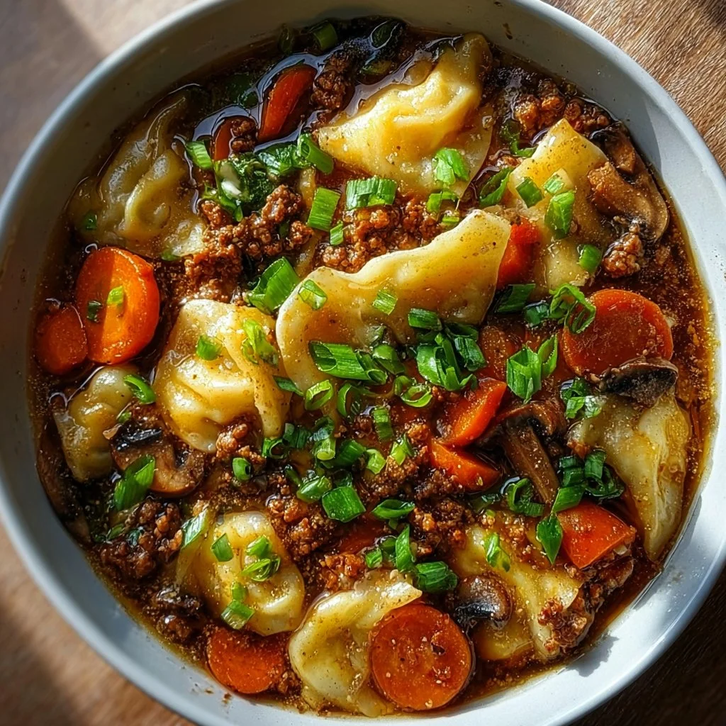 A bowl of deconstructed wonton soup with fresh ingredients and broth.