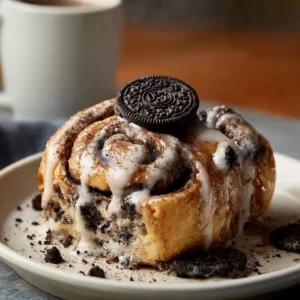 Delicious cinnamon rolls topped with crushed Oreos for a sweet treat.