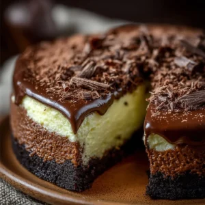 Delicious Dubai Chocolate Cheesecake topped with chocolate curls and served on a plate