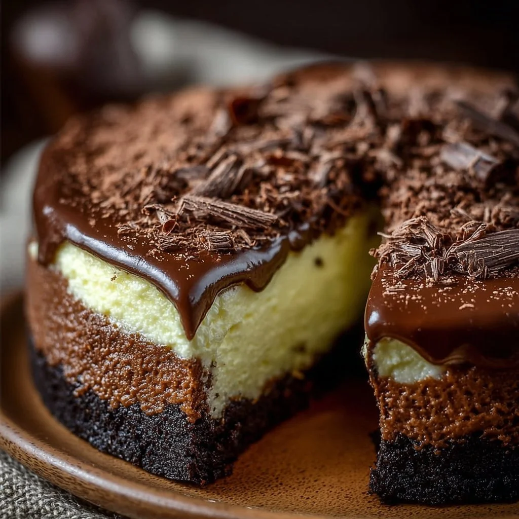 Delicious Dubai Chocolate Cheesecake topped with chocolate curls and served on a plate