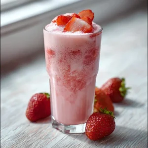 Delicious homemade strawberry milkshake in a glass with fresh strawberries