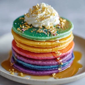 Stack of colorful rainbow pancakes topped with syrup and berries