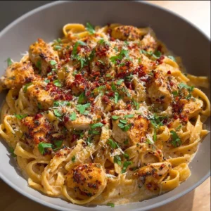 Bowl of easy spicy chicken pasta garnished with herbs