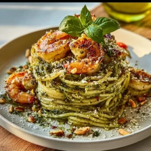 Pesto pasta topped with grilled shrimp for a delicious dinner stack.
