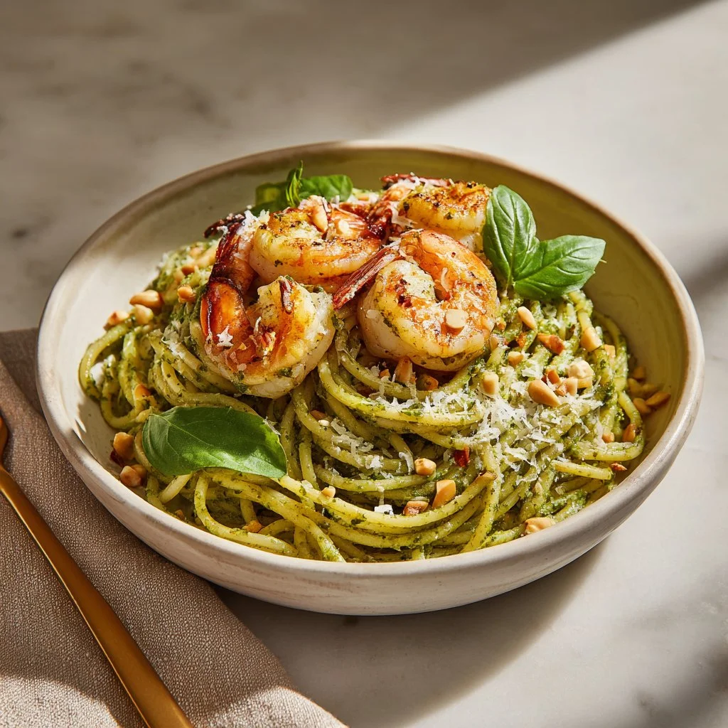 Elevate Dinner with Pesto Pasta and Grilled Shrimp Stack