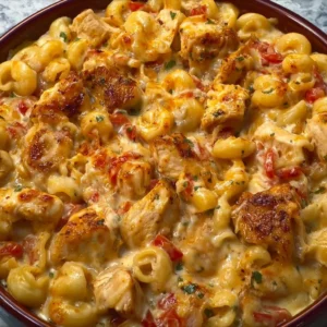 Fajita chicken macaroni and cheese topped with cheese and colorful peppers.