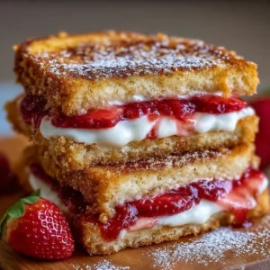 Delicious fried strawberry cheesecake sandwiches presented on a plate