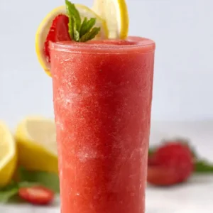 Refreshing frozen strawberry lemonade served in a chilled glass with strawberries