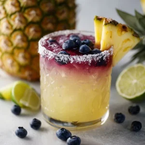 Pineapple Blueberry Margarita served in a glass with fruit garnishes