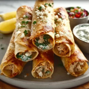 Greek Chicken Taquitos garnished with herbs and served on a platter