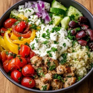 Healthy Greek Turkey Power Bowls with fresh vegetables and grains