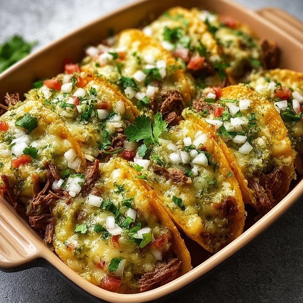 Delicious shredded beef tacos with vibrant green sauce, ready to enjoy.