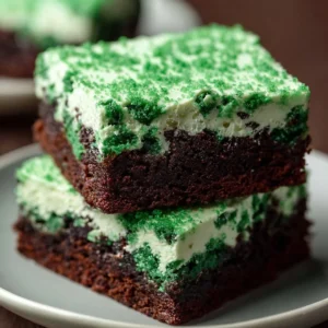 Delicious Green Velvet Brownies with Cream Cheese Frosting on a plate.