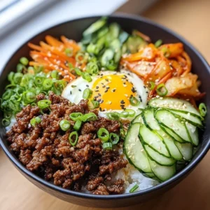 Delicious Ground Beef Bulgogi Bowls topped with fresh vegetables and rice