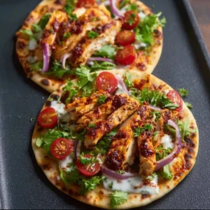 Delicious Harissa Chicken Flatbreads on a wooden platter