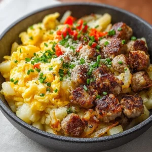 Delicious hash brown breakfast bowl topped with fresh vegetables and eggs