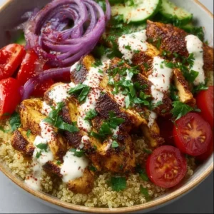 Healthy chicken shawarma bowls with fresh vegetables and flavorful spices