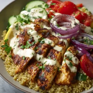 Healthy chicken shawarma bowls with fresh ingredients and spices