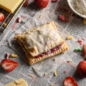 Delicious homemade strawberry pop tarts on a plate with icing.