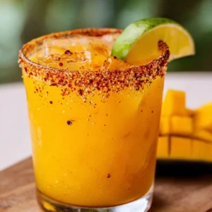 Hot Honey Spicy Mango Margarita garnished with chili and lime.