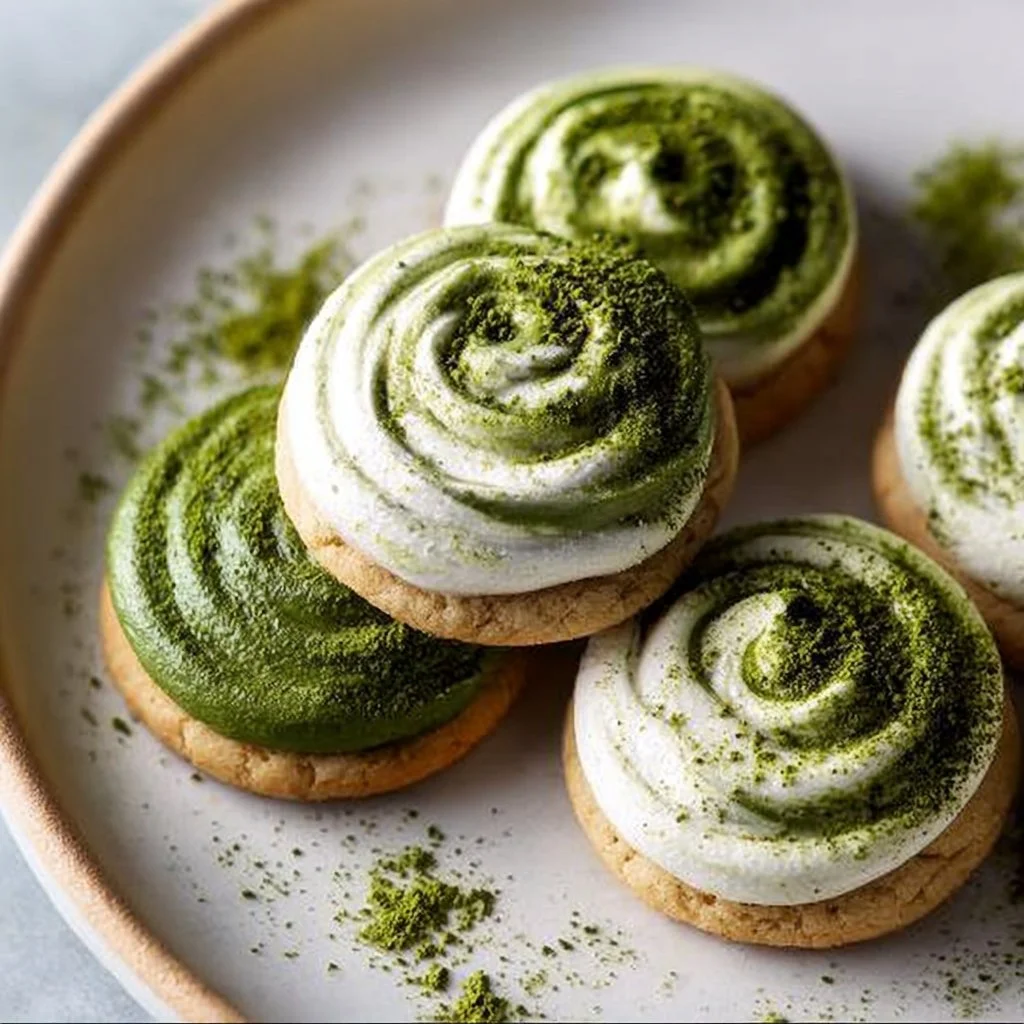 Delicious soft matcha latte cookies with a creamy topping on a plate