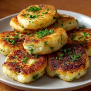 Homemade Irish potato cakes served on a plate garnished with herbs.