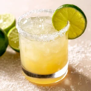 Freshly made Juicy Margarita in a glass with lime garnish.