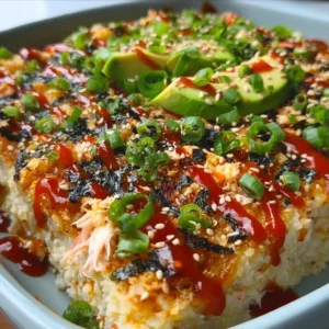 Keto Sushi Bake dish with fresh ingredients and a golden topping