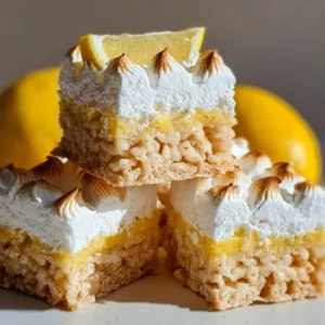Lemon Meringue Rice Krispie Treats arranged on a spring-themed platter.