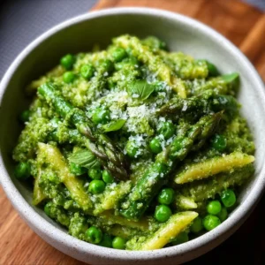 Lemony asparagus and pea pesto served in a bowl with fresh ingredients