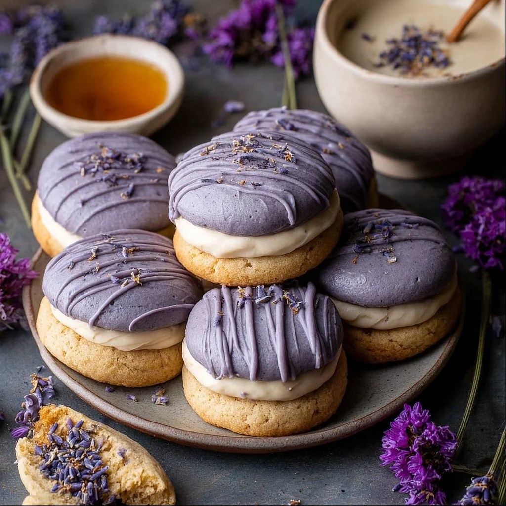Delicious London Fog Cookies with Lavender Cream Cheese Frosting on a plate
