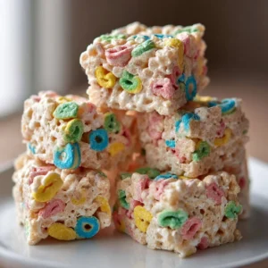 Lucky Charms Marshmallow Treats with colorful marshmallows and cereal.