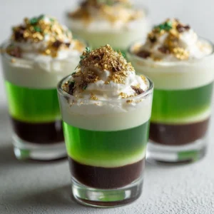 Colorful Leprechaun Shots in layered glassware, perfect for St. Patrick's Day celebration.