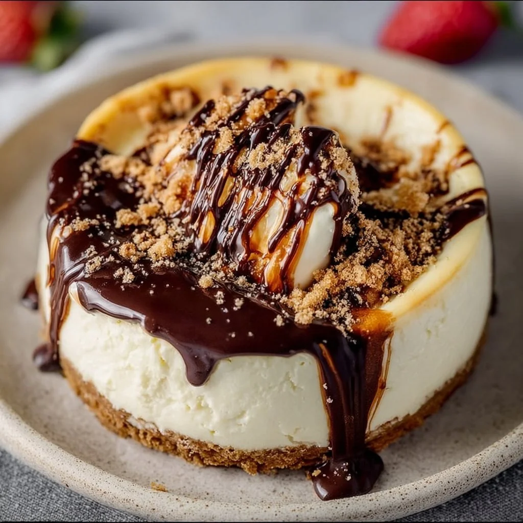 Slice of Magic Shell Yogurt Cheesecake topped with chocolate and served on a plate