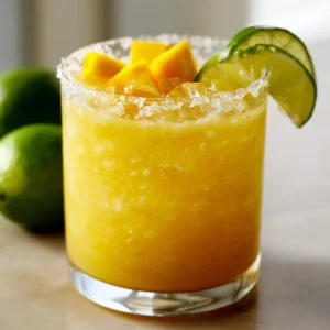 Delicious Mango Margarita served in a chilled glass with a salted rim.