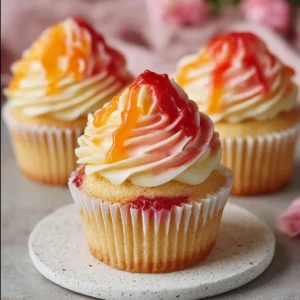 Mango Strawberry Sunset Cupcakes decorated with fresh fruit and colorful frosting.