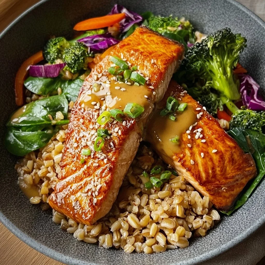 Miso salmon served in a farro bowl with vegetables and garnishes