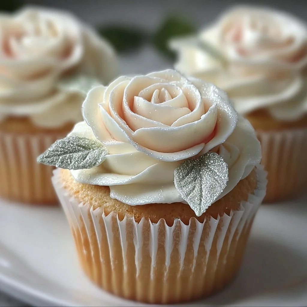 Monochromatic white rose cupcakes decorated with delicate icing floral designs.