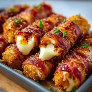 Nashville Hot Bacon Wrapped Mozzarella Sticks served with dipping sauce