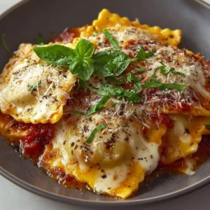 Creamy baked ravioli dish served in a pan with cheese and herbs