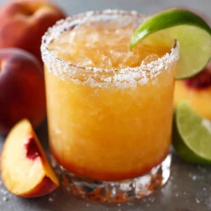 Delicious Peach Margarita served in a glass with a slice of peach.