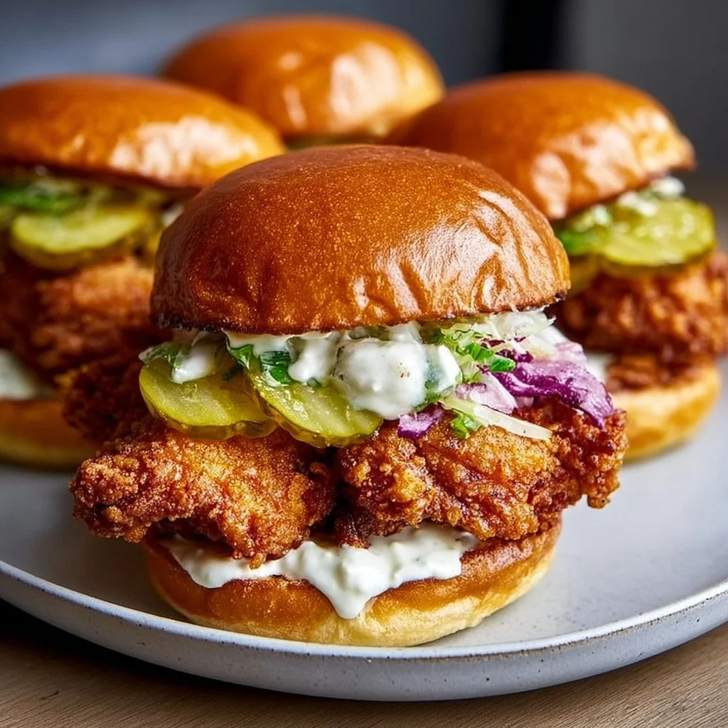 Delicious pickle-brined fried chicken sliders served on a rustic plate