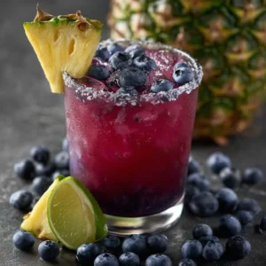 Pineapple Blueberry Margarita garnished with fresh fruit and lime